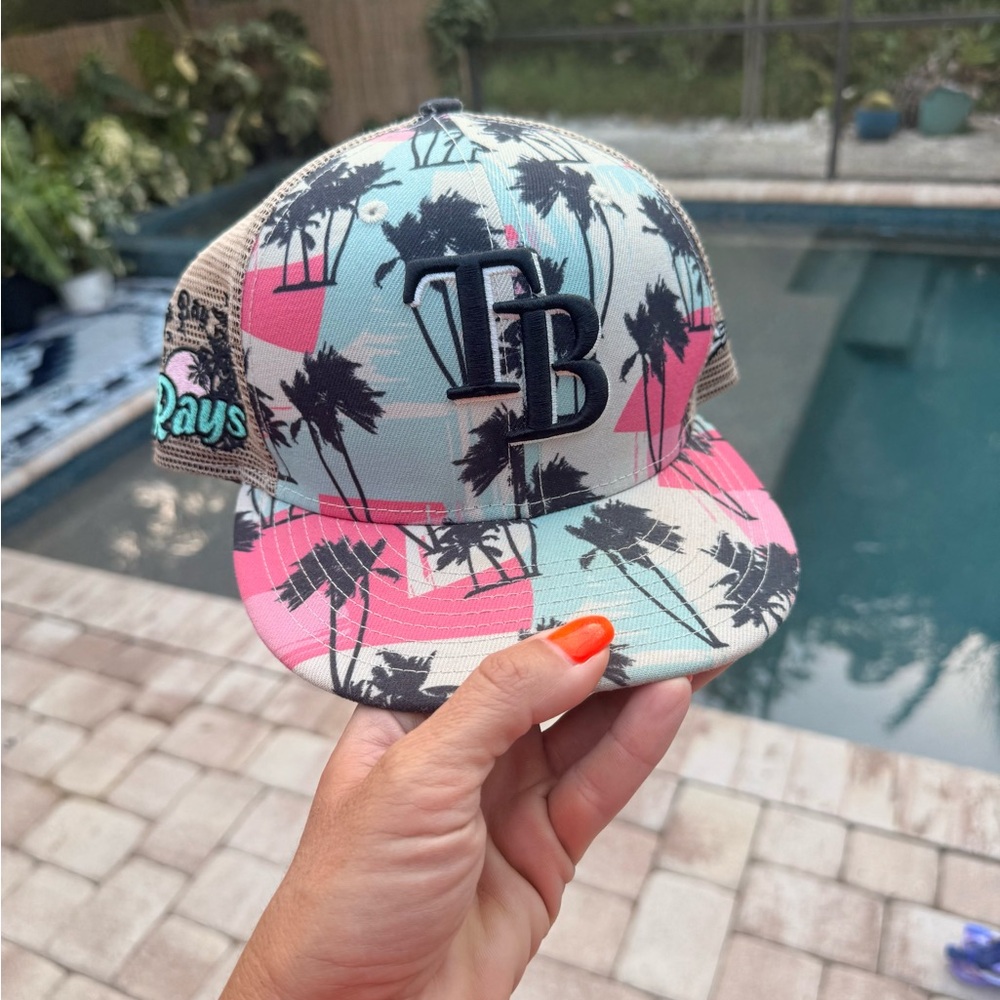 New Era Palm Print Trucker Hat in Pink, Aqua & Black
